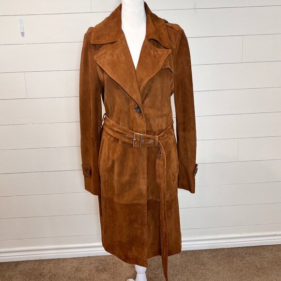Antonio Melani Brown Suede Full Length Belted Coap Size M - Picture 1 of 9